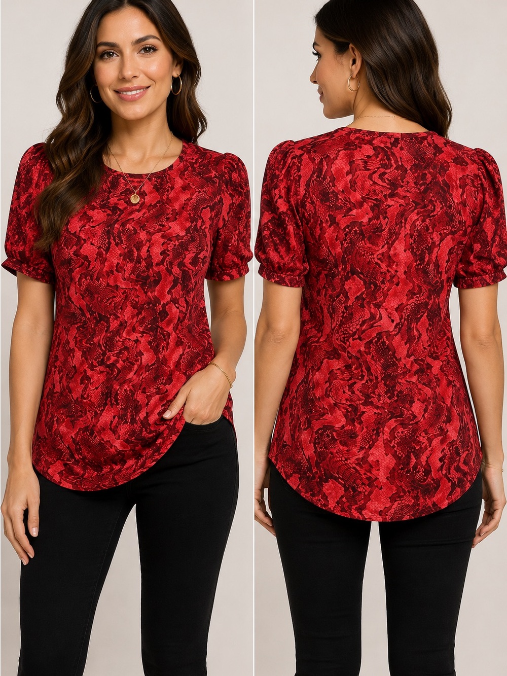 Michael Kors Red Snake Print Puff Sleeve Top